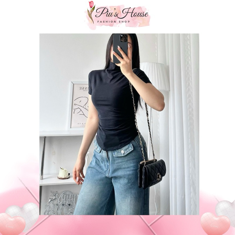 Áo Thun Cổ Lọ Tay Con Nhún Eo Chất Cotton Siêu Mát Mẻ