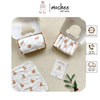 MOCHEE - Khăn sữa Mochee sợi tre cho bé 30x30cm họa tiết gấu set 6 chiếc/hộp