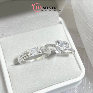 Nhẫn đôi bạc CHY SILVER hình trái tim trắng đính đá bạc thật