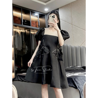 Váy Babydoll nữ cổ vuông tay bồng nơ đá chất tơ mềm mát - đầm tiểu thư nữ dáng xòe bánh bèo dễ thương hàn quốc