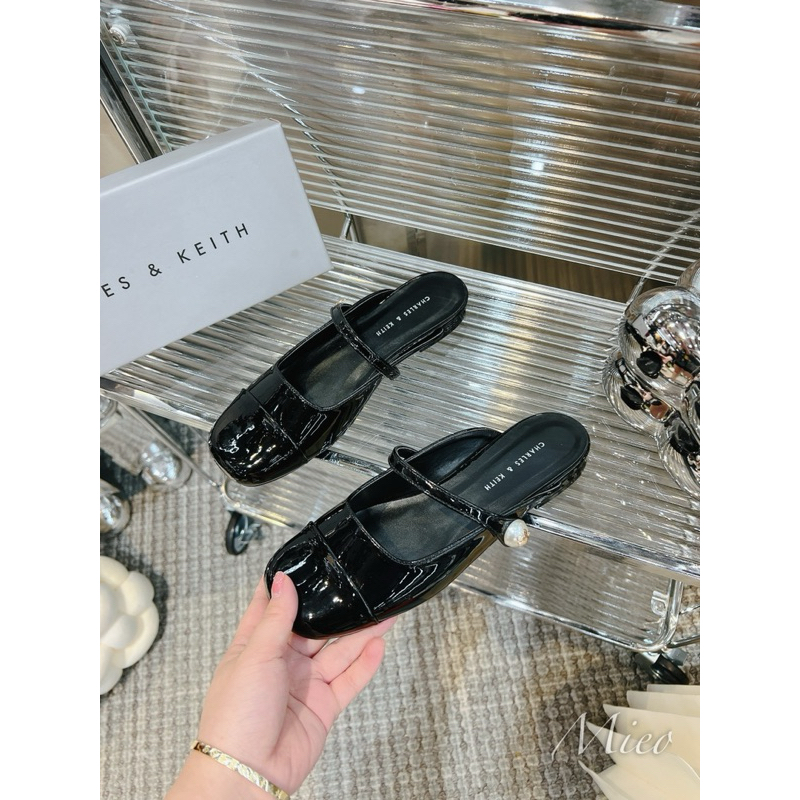 Sục cnk mũi đen pha da quai ngang gót thấp fullbox