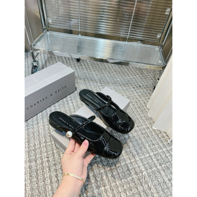 Sục cnk mũi đen pha da quai ngang gót thấp fullbox