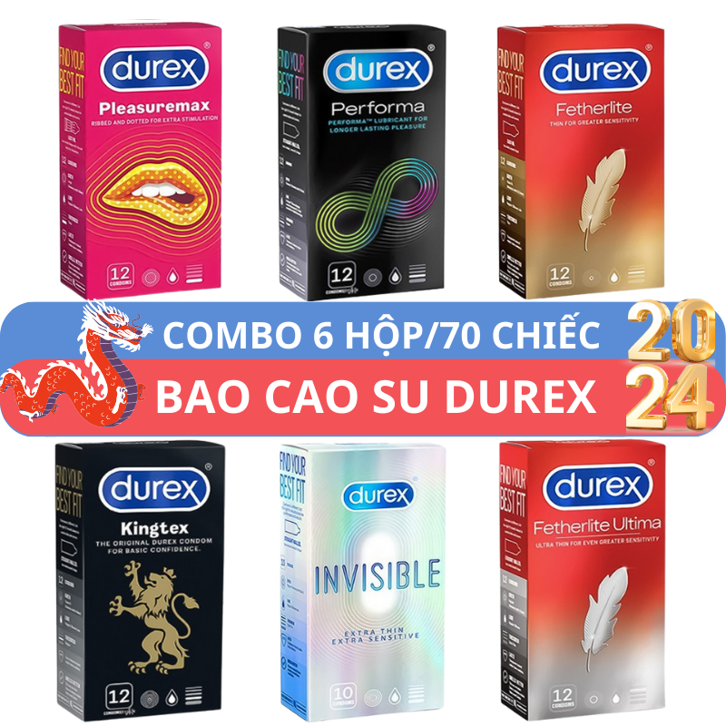 Combo 6 Hộp Bao Cao Su Durex 70 cái chính hãng tùy chọn pleasuremax. invisible. performa. kingtex. fertherlite ultima