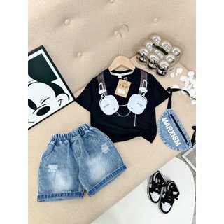 Bộ quần áo bé trai 3 món Áo thun HP cotton cổ tròn hoạ tiết Headphone, quần Jean ngắn lửng và túi jean đeo chéo xịn sò