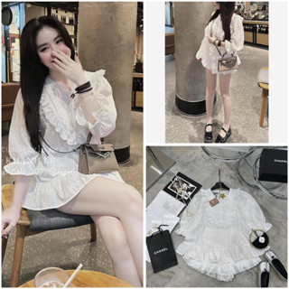  Sét áo sơ mi thô ren tay lửng + quần sooc viền bèo 