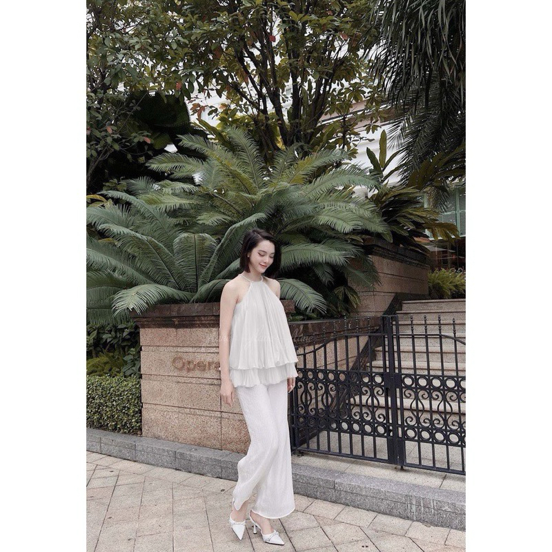Set áo yếm hồng 2 tầng dập ly kèm quần suông culottes trắng