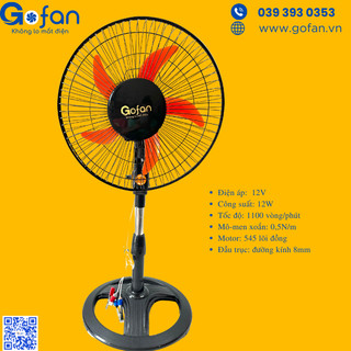 Quạt lỡ 12v kẹp bình ắc quy vô cấp-quạt đứng 12v b3-15w-gofan--mô tơ 545-5 cánh-30cm-lồng 35cm-cao 85cm quạt nang lượng