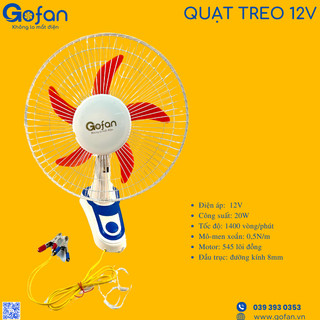 Quạt treo tường 12v-20W -GOFAN-dùng kẹp bình ắc quy hoặc trực tiếp tấm pin năng lượng mặt trời