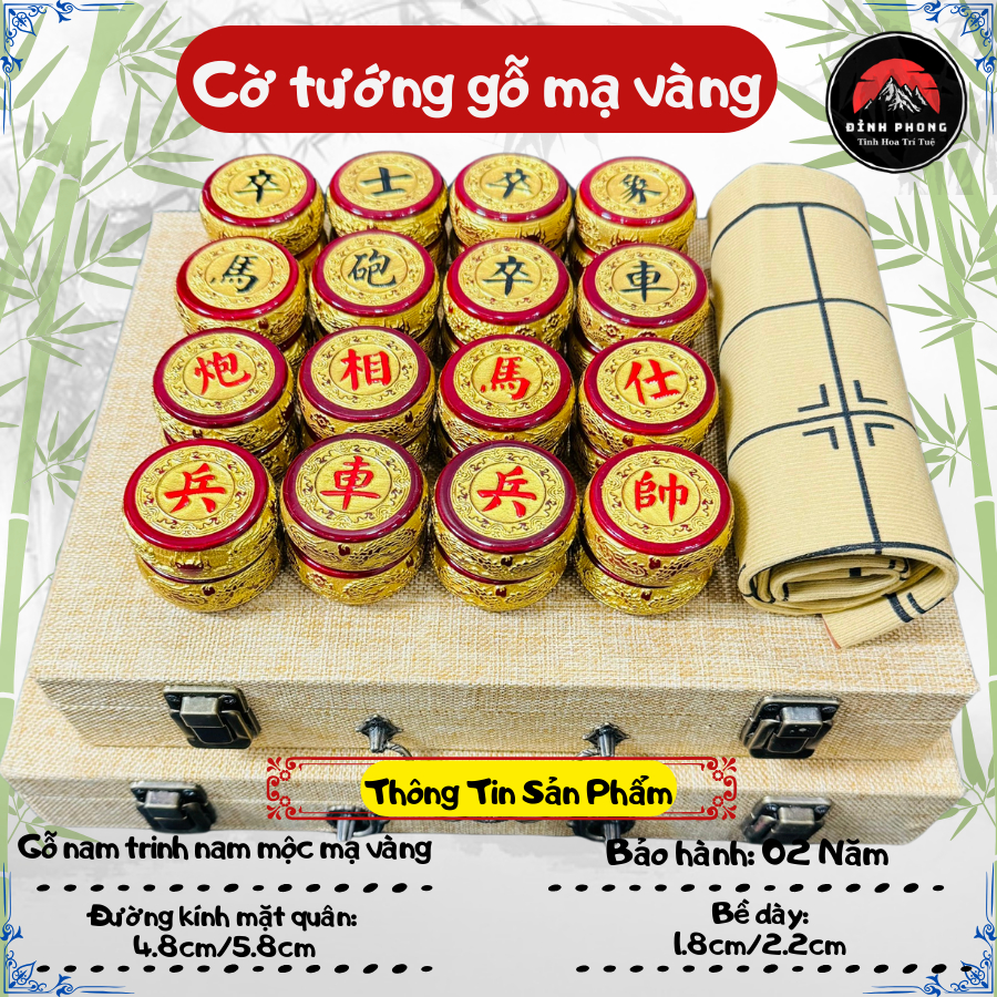 Bộ cờ tướng gỗ Trinh Mộc mạ vàng 24k có hộp đựng và bàn da cao cấp