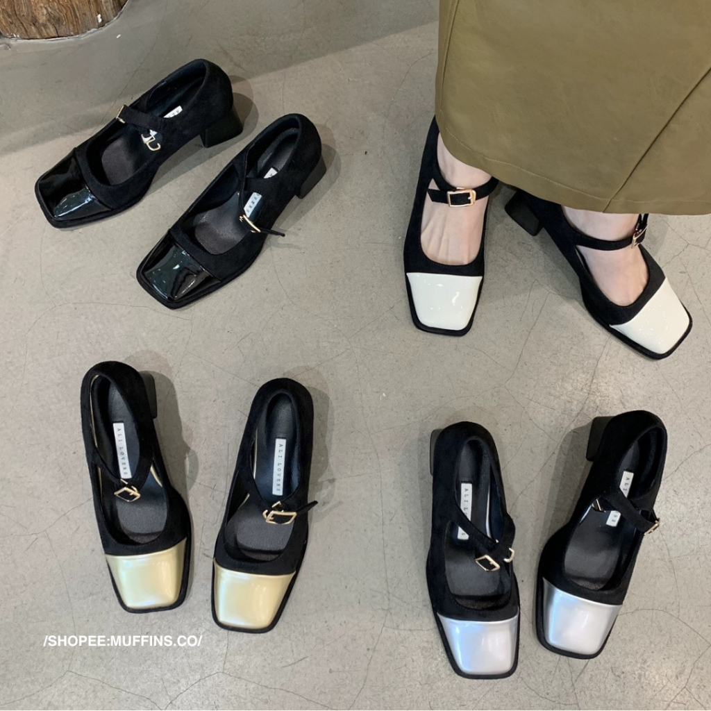 (Sẵn hàng fom bé tăng sz) 𝐌𝐮𝐟𝐟𝐢𝐧𝐬.𝐜𝐨🐧 Giày búp bê Mary Jane mũi vuông phối màu đế cao 5.5cm phong cá