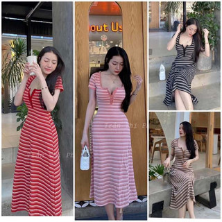 Đầm Cổ Vuông Sọc Dáng Xoè chất tăm lạnh co giãn tôn dáng