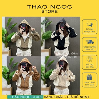 Áo khoác thun nữ phối màu có mũ, áo thun uni phối form lửng chuẫn! thảo ngọc store