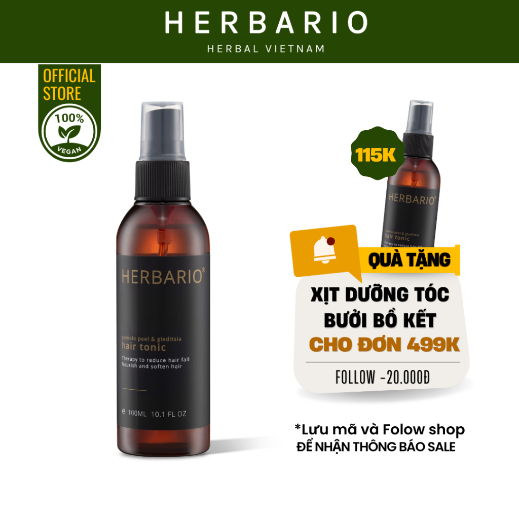 Tinh dầu vỏ bưởi và bồ kết Herbario 100ml giúp kích thích mọc tóc, giảm rụng tóc - Herbario Thuần Chay