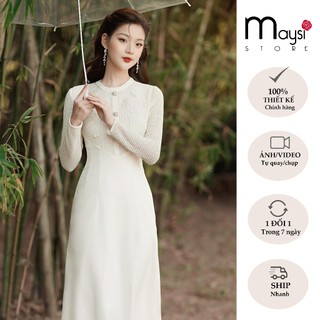 Váy đầm thiết kế tôn dáng màu kem đính hoa nổi