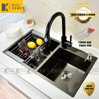 Chậu rửa bát 2 hố inox 304 kích thước 82x45cm dày 3.0 li, bồn rửa chén hàng chính hãng bảo hành 5 năm -KIEL HOME
