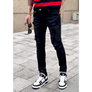 Quần Jean Amiri Đen Vá Xanh 4 Cúc Cực Chất Form Slimfit Chất Jean Cao Cấp Quần Jean Nam Đen Phối Vá