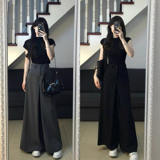 Set áo croptop cổ lọ nhún thân + quần suông culottes đen xám lưng cao phối 2 túi