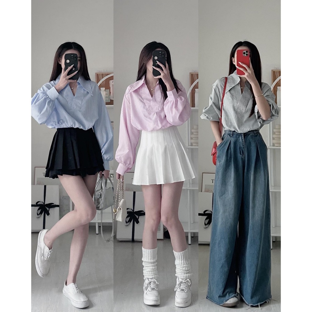 Sơ mi kẻ sọc croptop dài tay cổ V 247store.vn - SomicoV220_P0K49