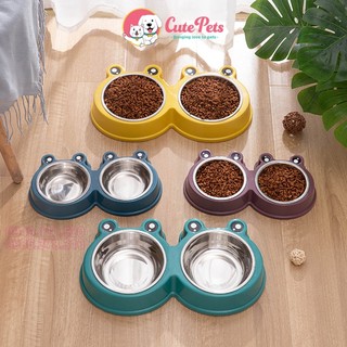 Bát nhựa đôi tròn kèm lõi inox hình ếch dành cho chó mèo - Cutepets