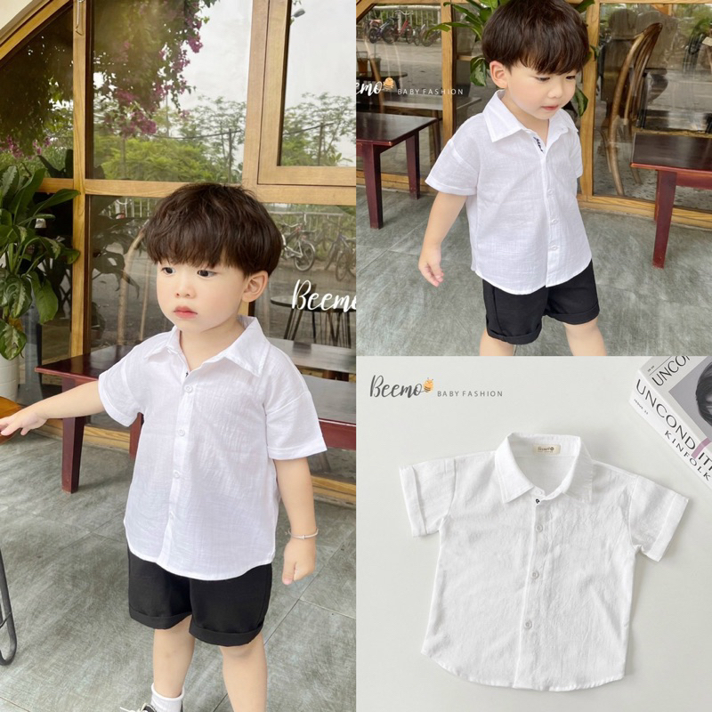 Áo sơ mi đũi trắng cổ đức bé trai