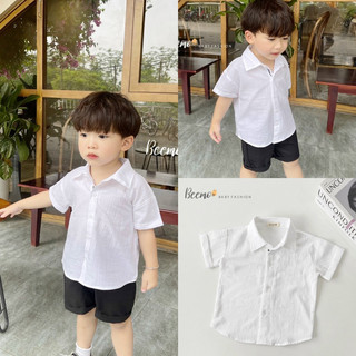 Áo sơ mi đũi trắng cổ đức bé trai