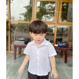 Áo sơ mi đũi trắng cổ đức bé trai