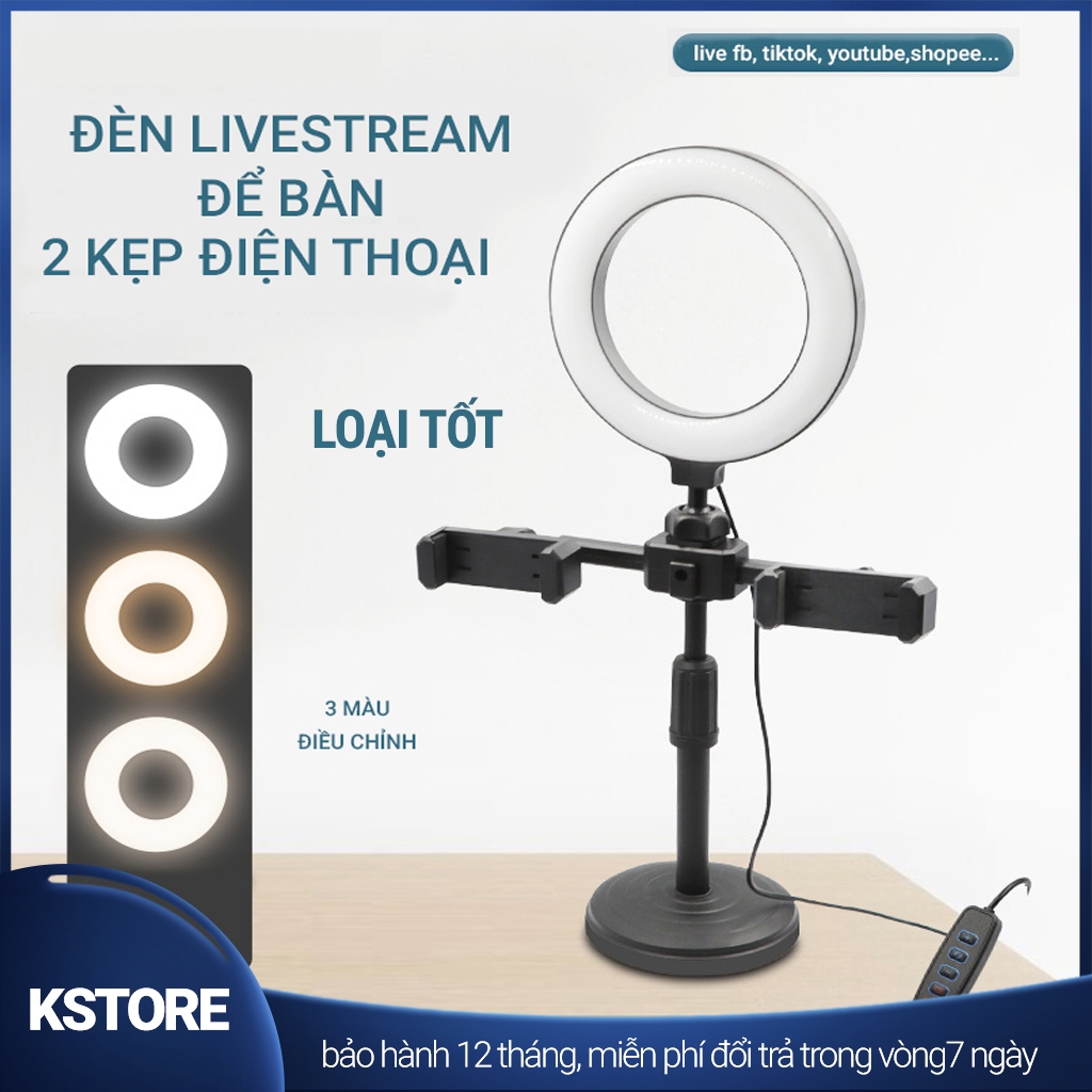 Đèn livestream để bàn có 2 kẹp điện thoại, 3 chế độ màu điều chỉnh ánh sáng, hỗ trợ quay Tiktok, Make Up, Bán Hàng