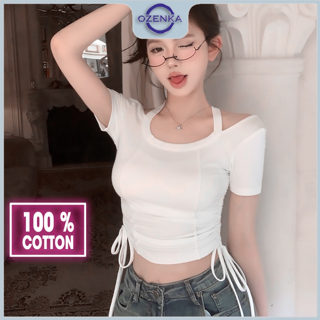 Áo croptop kiểu hở vai rút dây ôm trắng đen nữ Ozenka , áo crt thun ngắn tay cotton trơn đen trắng cổ tròn hở lưng gợi c