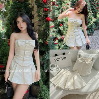 Set áo váy gấm nơ ngực