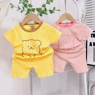 Bộ quần lửng bé gái hình gấu chấm bi