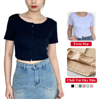 Áo Thun Croptop Body Nữ Ngắn Tay Cổ Tròn Khuy Cúc Madela Vải Co Giãn, Croptop Cổ Tròn Ngắn Tay Nữ