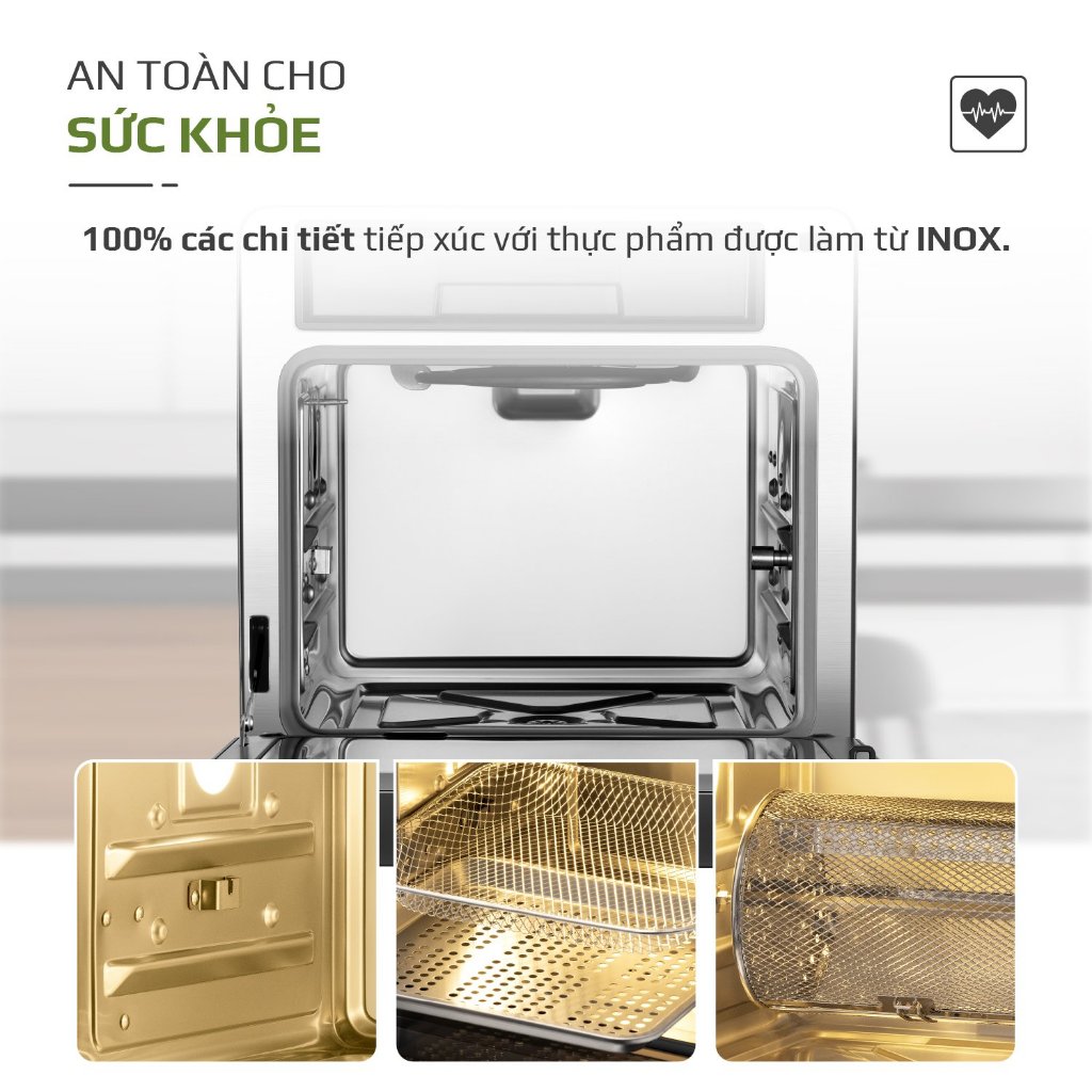 Nồi Chiên Hơi Nước OLIVO SF16 PRO 56 Chương Trình Cài Sẵn, Dung Tích 16L, Phụ Kiện Trục Xiên Quay, tặng kéo karlin