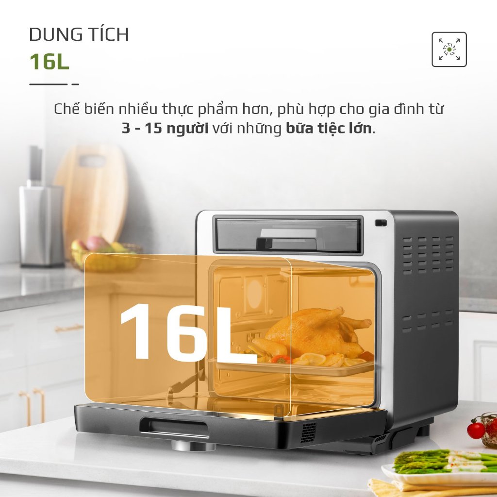Nồi Chiên Hơi Nước OLIVO SF16 PRO 56 Chương Trình Cài Sẵn, Dung Tích 16L, Phụ Kiện Trục Xiên Quay, tặng kéo karlin
