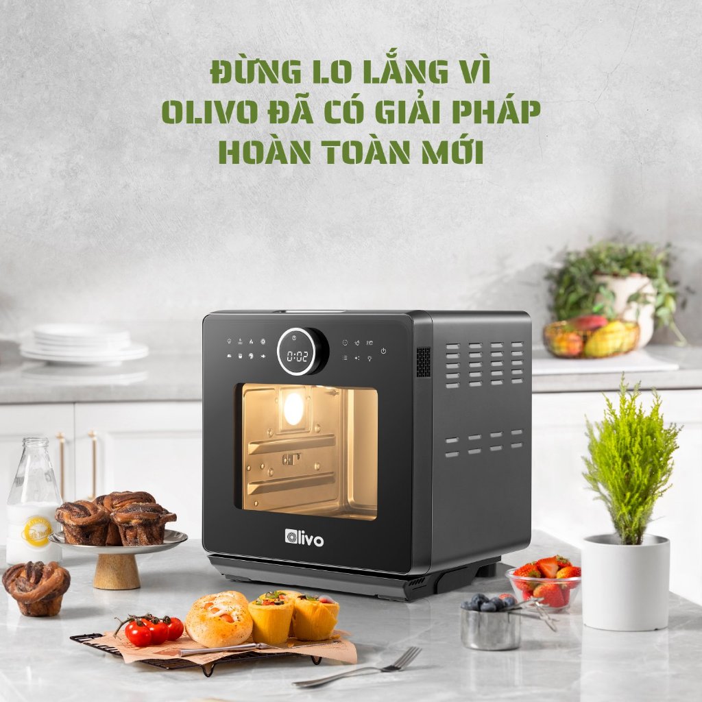 Nồi Chiên Hơi Nước OLIVO SF16 PRO 56 Chương Trình Cài Sẵn, Dung Tích 16L, Phụ Kiện Trục Xiên Quay, tặng kéo karlin