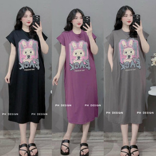 Đầm suông cotton dáng dài cộc tay in thỏ chất thun co dãn - Váy suông hoạ tiết chữ BACK in thỏ 3D thời trang