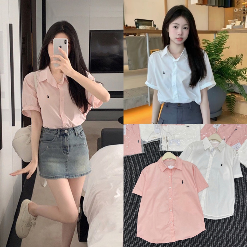 Áo sơ mi nữ, Áo sơ mi nữ thêu thỏ cộc tay bảng màu pastel xinh xắn