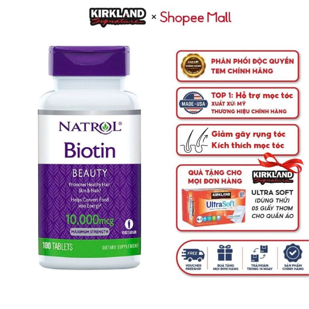 Viên uống kích thích mọc tóc Natrol Biotin 10000 mcg của Mỹ 100 viên, hỗ trợ làm đẹp da và móng
