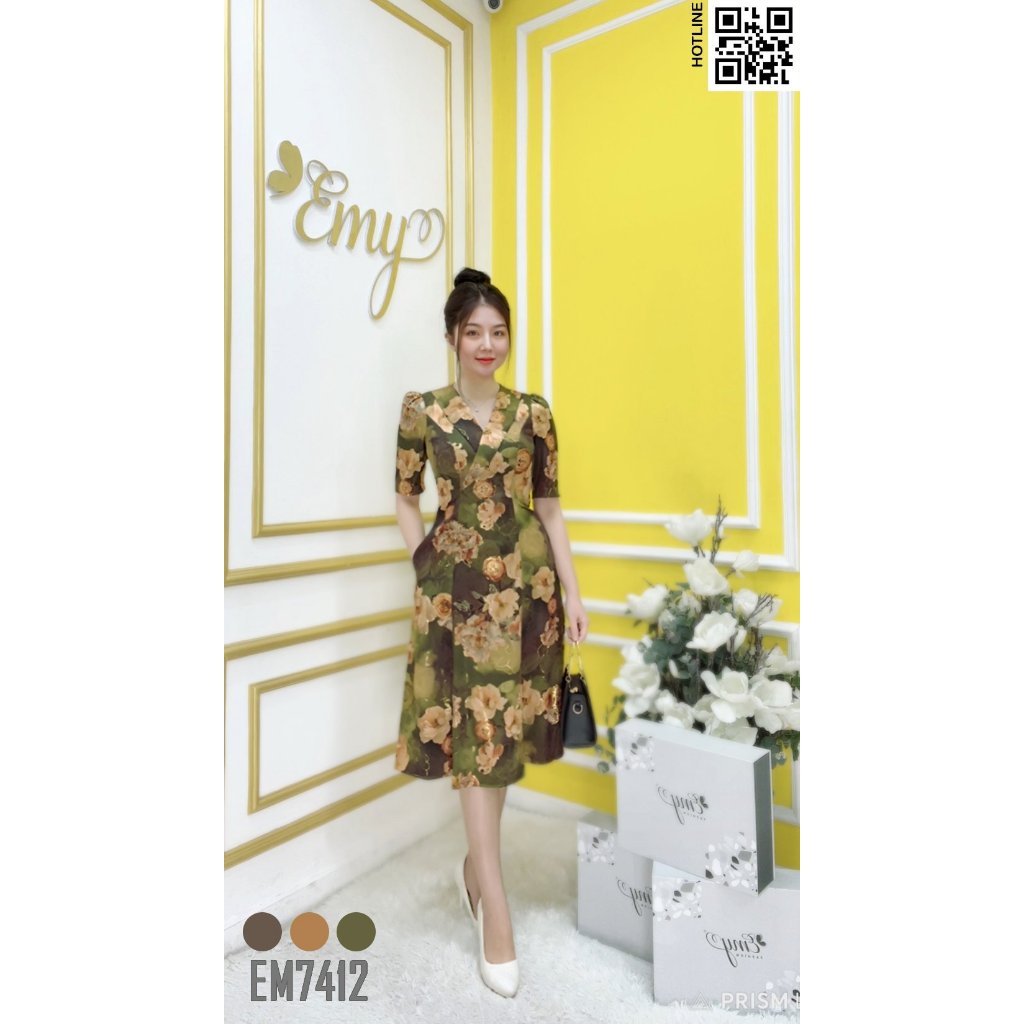 Đầm EMY EM7412 Xoè Cổ V Lụa Vân Pháp LVP Xanh
