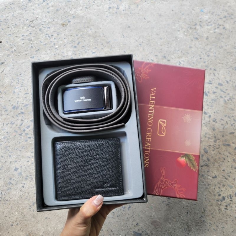 Set nịt dây xám ví Valentino Creations thắt lưng dây nịt xám nam slide belt