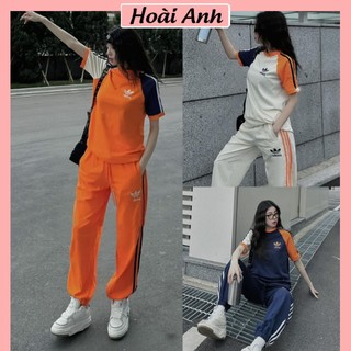 Set bộ đồ thể thao adidass dài áo phông ngắn tay phối màu logo in 2 mặt mix quần dài boom gấu phối viền freesize#hot