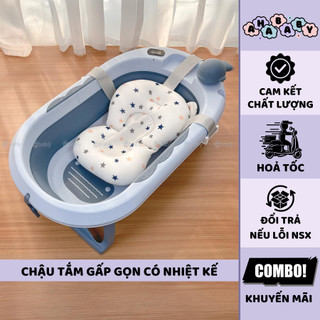 Chậu tắm cho bé, thau tắm gấp gọn cao cấp, size to có cảm ứng 9BABY màu xanh biển