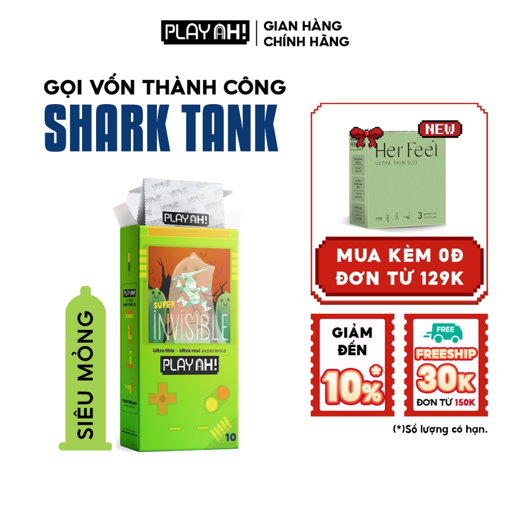 Bao Cao Su PlayAh Super Invisible Siêu Mỏng/ Nhiều Gel/ Kéo Dài Thời Gian/ Có Gai Hộp 10 size 52mm