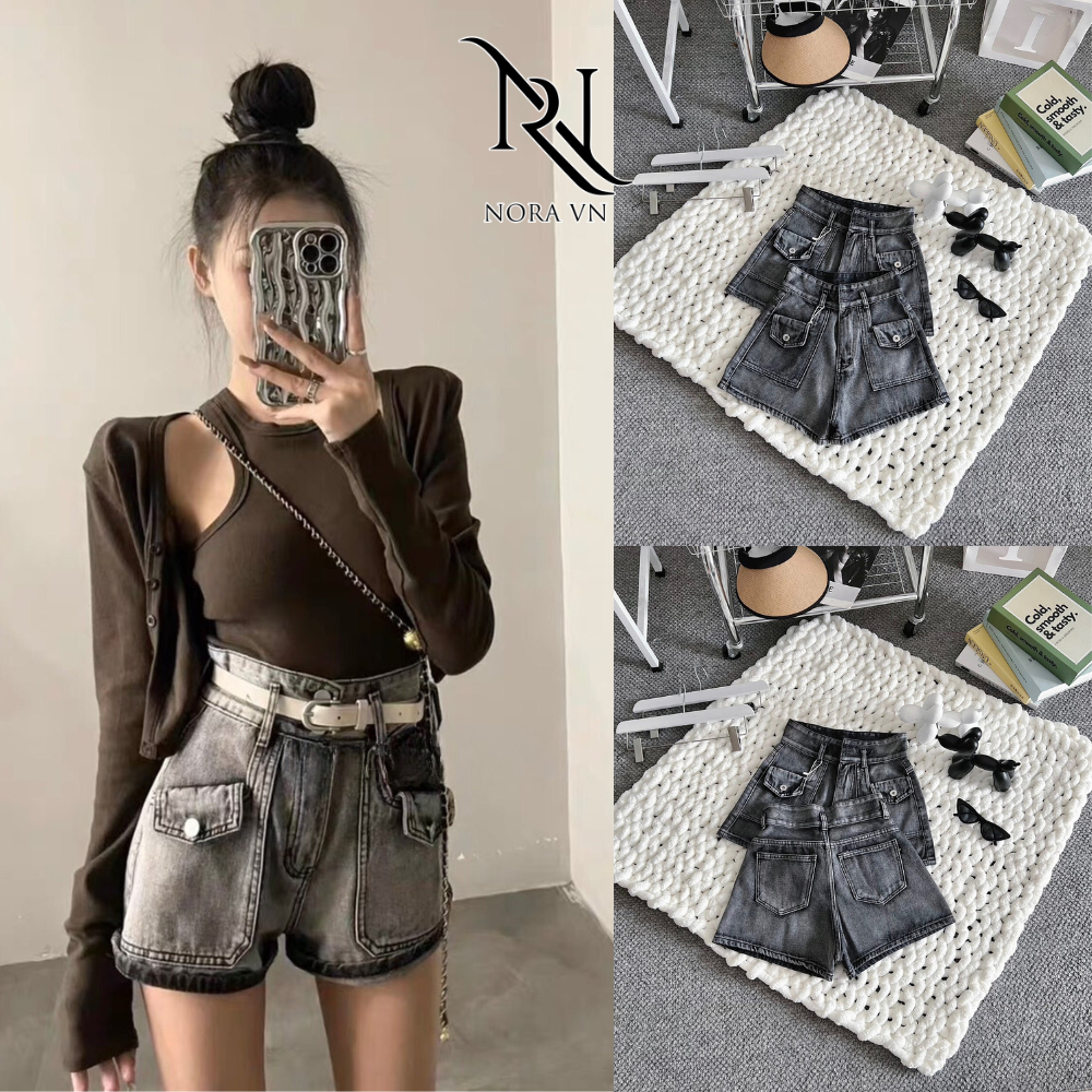 Quần Short Jeans Bò rách nữ Cạp Cao Ống Rộng Avocado chất jean, Quần Bò ngắn lưng cao túi nắp