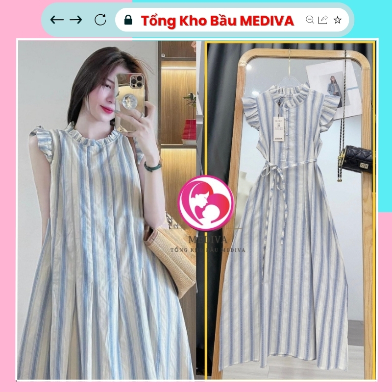Đầm bầu babydoll, Váy bầu xinh thiết kế kẻ sọc xanh tay ngắn cánh tiên thắt eo đi dự tiệc thời trang