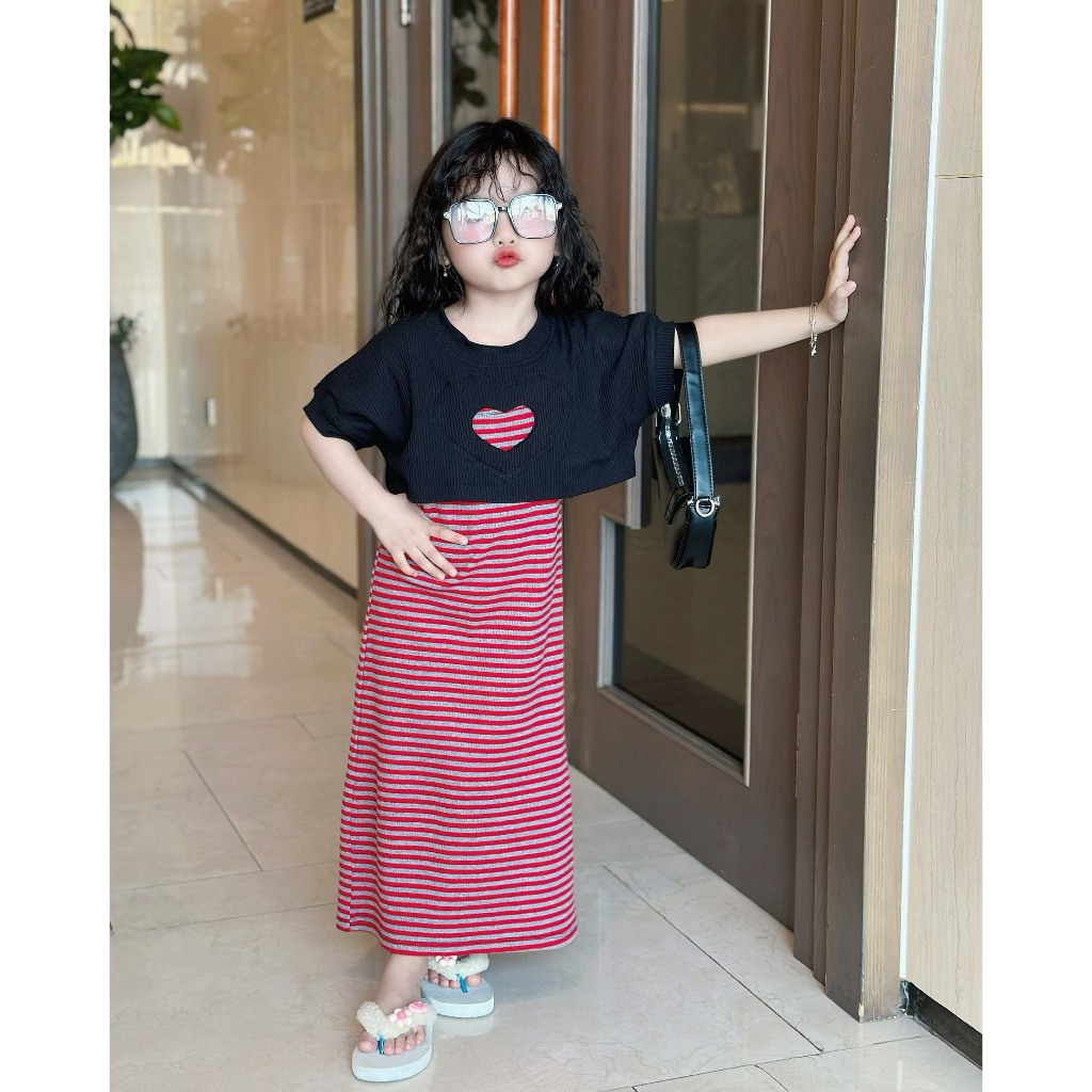 Đầm sọc đỏ kèm áo croptop đen cho bé gái - Hàng thiết kế Elik