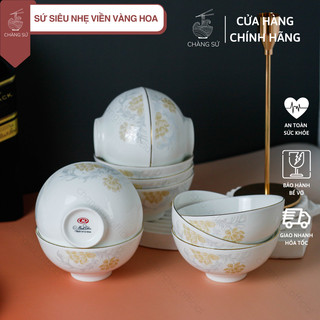 Bộ chén cơm sứ siêu nhẹ viền vàng 12k hoa văn 6 chiếc và 10 chiếc- Bộ bát ăn sứ xương siêu nhẹ Minh Châu