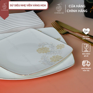 Đĩa vuông viền vàng 12k hoa văn sứ siêu nhẹ - Sứ xương siêu nhẹ Minh Châu - Vỡ 1 đổi 1