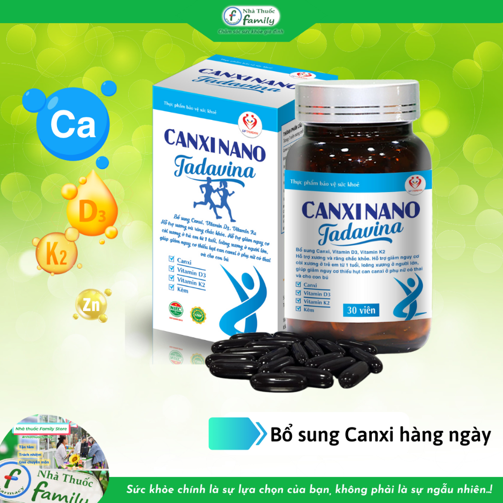 CANXI NANO Tadavina - Bổ sung Canxi, Vitamin D3,K2 cho người lớn, trẻ em, PNCT. Giúp xương răng chắc khỏe [Chính hãng]