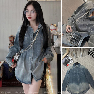 Áo bò đính đá bling bling dáng thụng, áo sơ mi jeans đá óng ánh qc