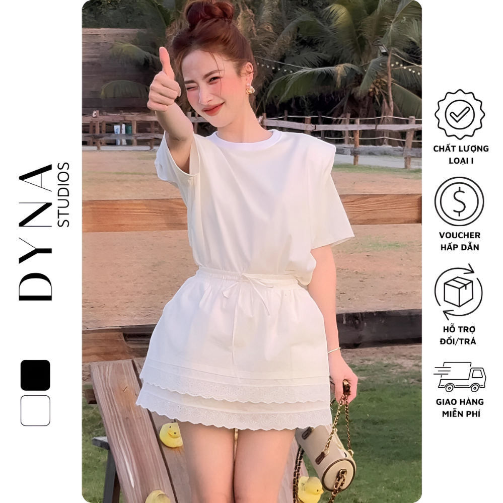 Set áo cotton cổ tròn đệm cầu vai ngắn tay 𝐀𝐒𝐇𝐘𝐋𝐄𝐘 kèm chân váy ngắn viền ren